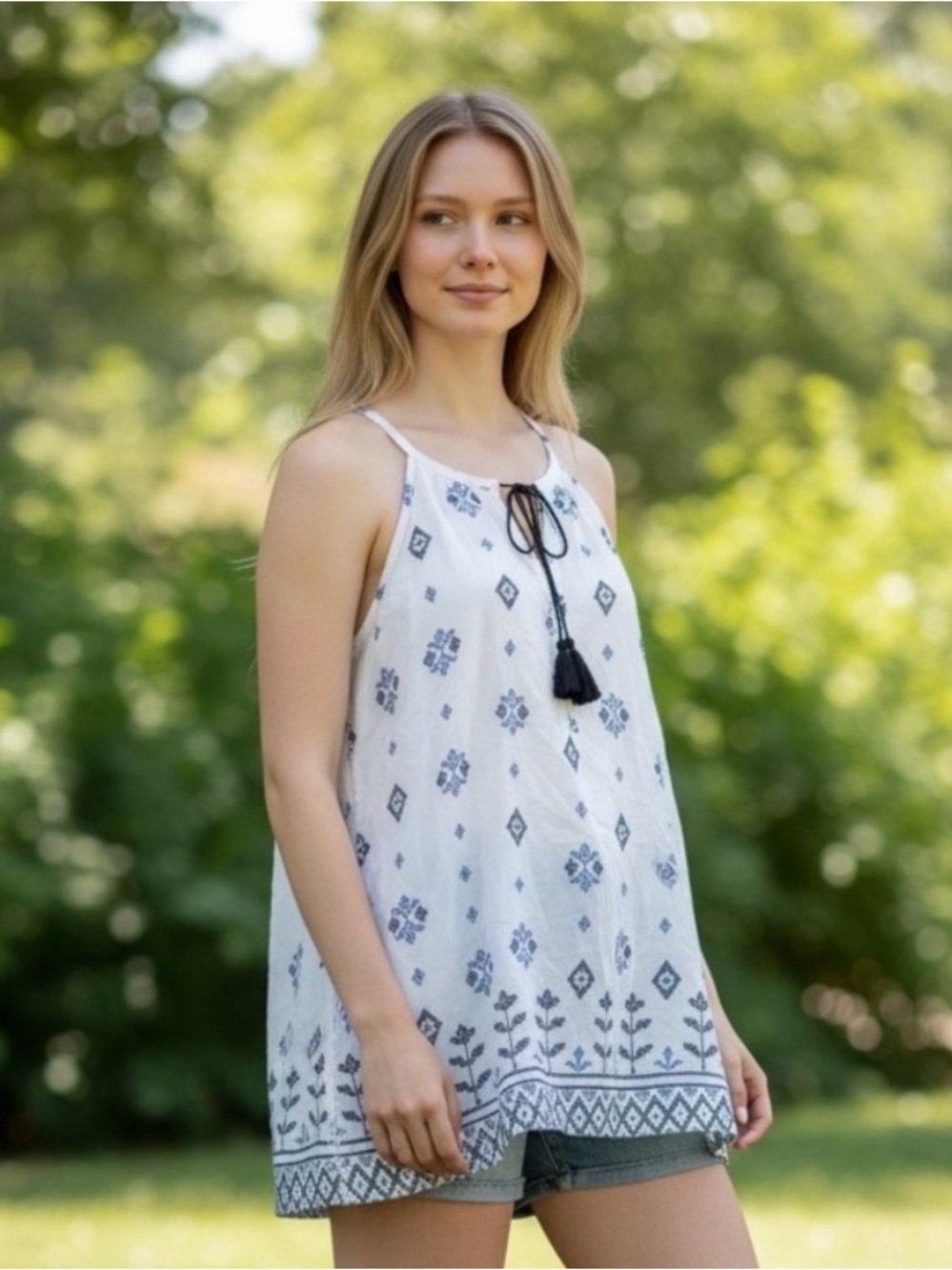 Artisan NY Cream Tank with Navy Embroidered Pattern and Tassel